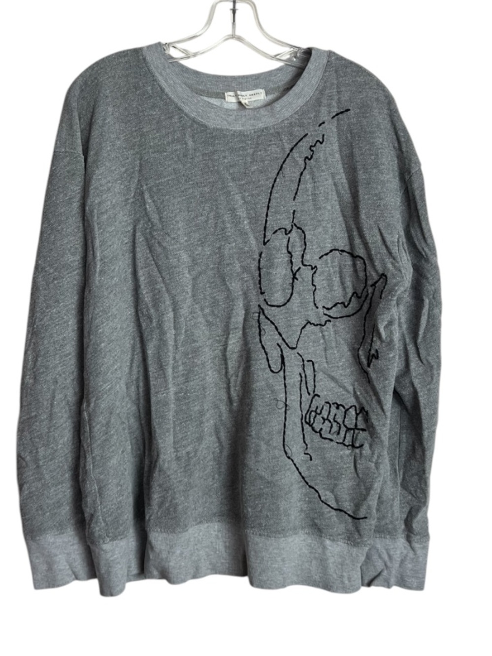 Truly Madly Deeply Skull Graphic Sweatshirt Gray Embroidered Grunge